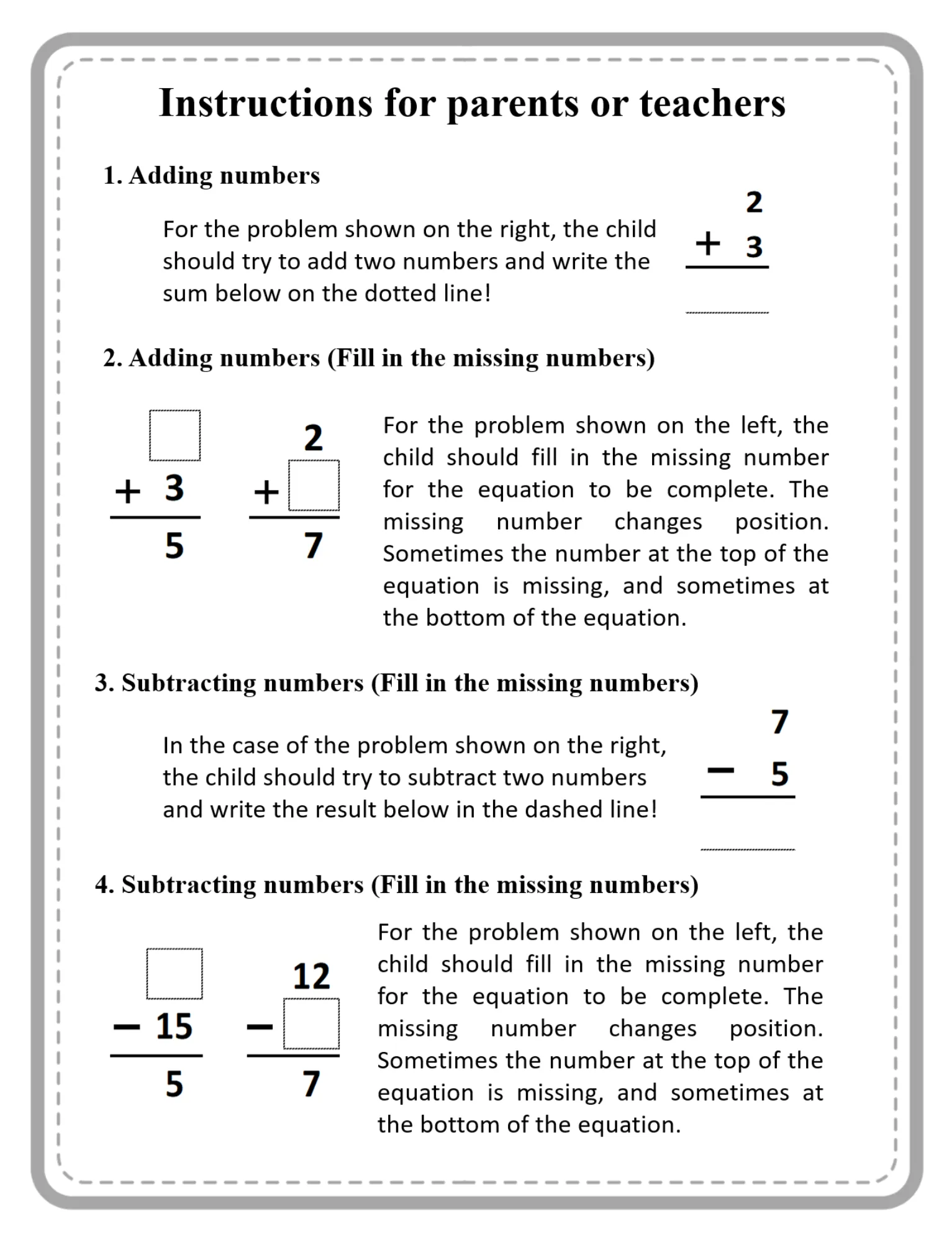 Addition - Instruction for parents or teachers